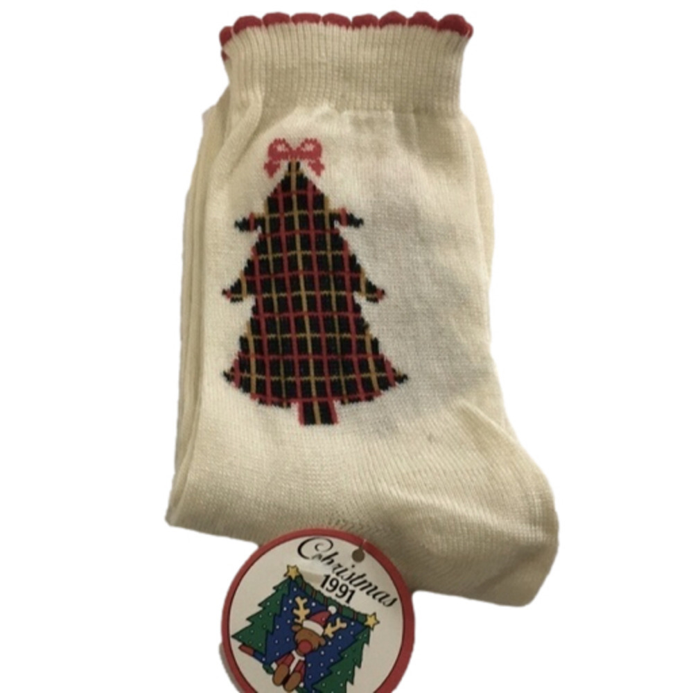 Vintage 1991 Target Christmas Tree Crew Socks NWT Cream Plaid Retro Size 9-11